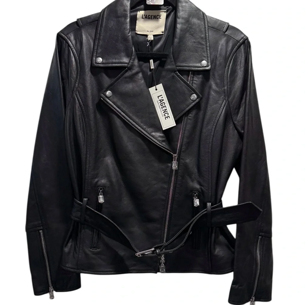 NWT L’Agence Large Black 100% Lamb Leather Biker Jacket $1395MSRP